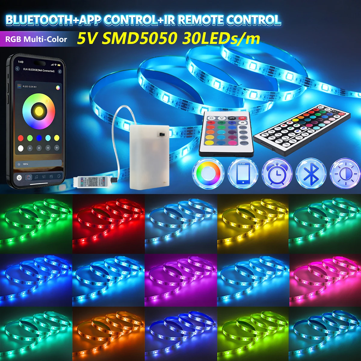 5V RGB LED Strip Light 5050 Bluetooth App Remote Control With Battery Box 30LEDs/m Ribbon Flex Tape For Room TV Background Decor