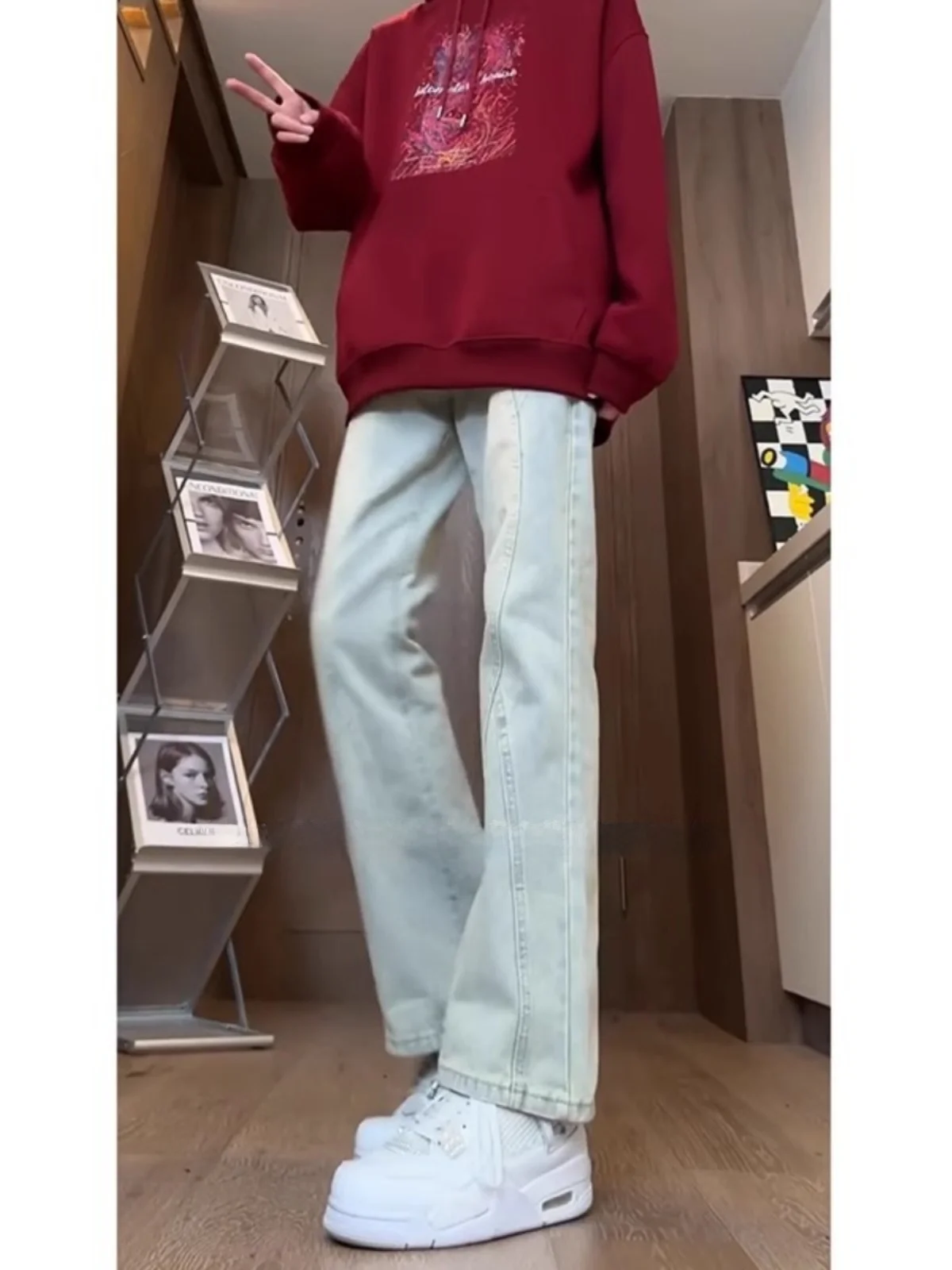 

Мужские джинсы-клеш из денима с завышенной талией, на молнии, прямого кроя, в стиле High Street, с эффектом потертости, премиум-качество