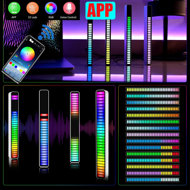 APP Auto Car Sound Control USB RGB Voice-Activated Stereo Music Rhythm Ambient Light LED Multicolor Home Deaktop Pc Decor Lamp