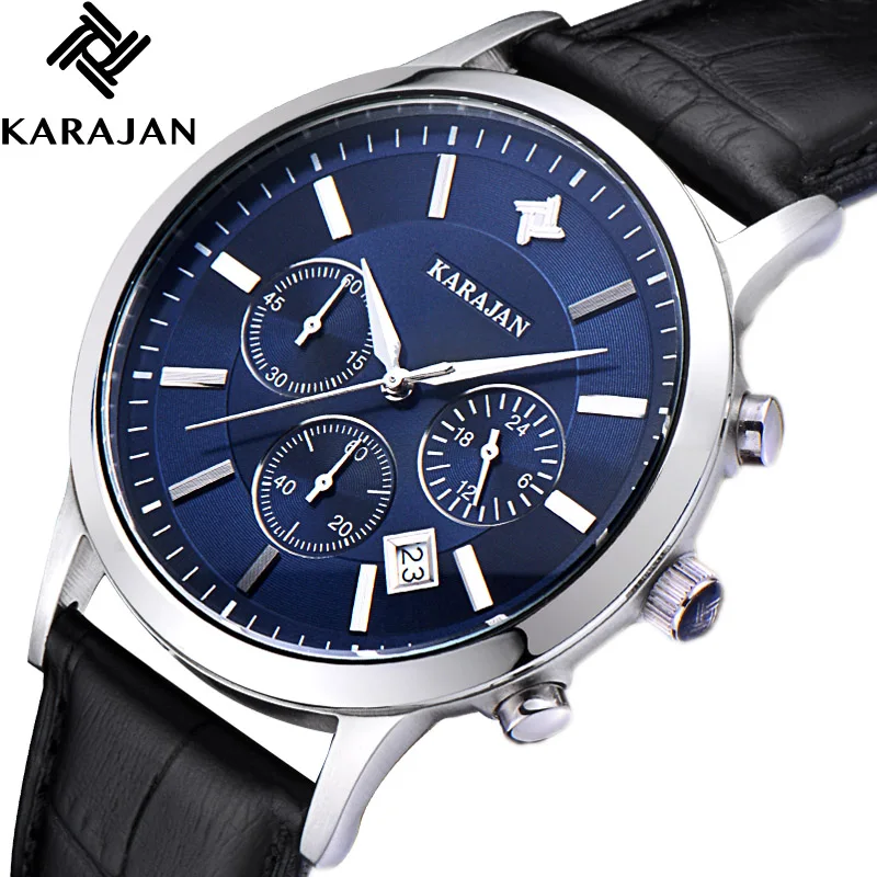 KARAJAN Genuine Men's Watch, Fashion And Leisure Three Eye Sports Quartz Watch, Men's Stainless Steel Watch, Leather Belt Watch