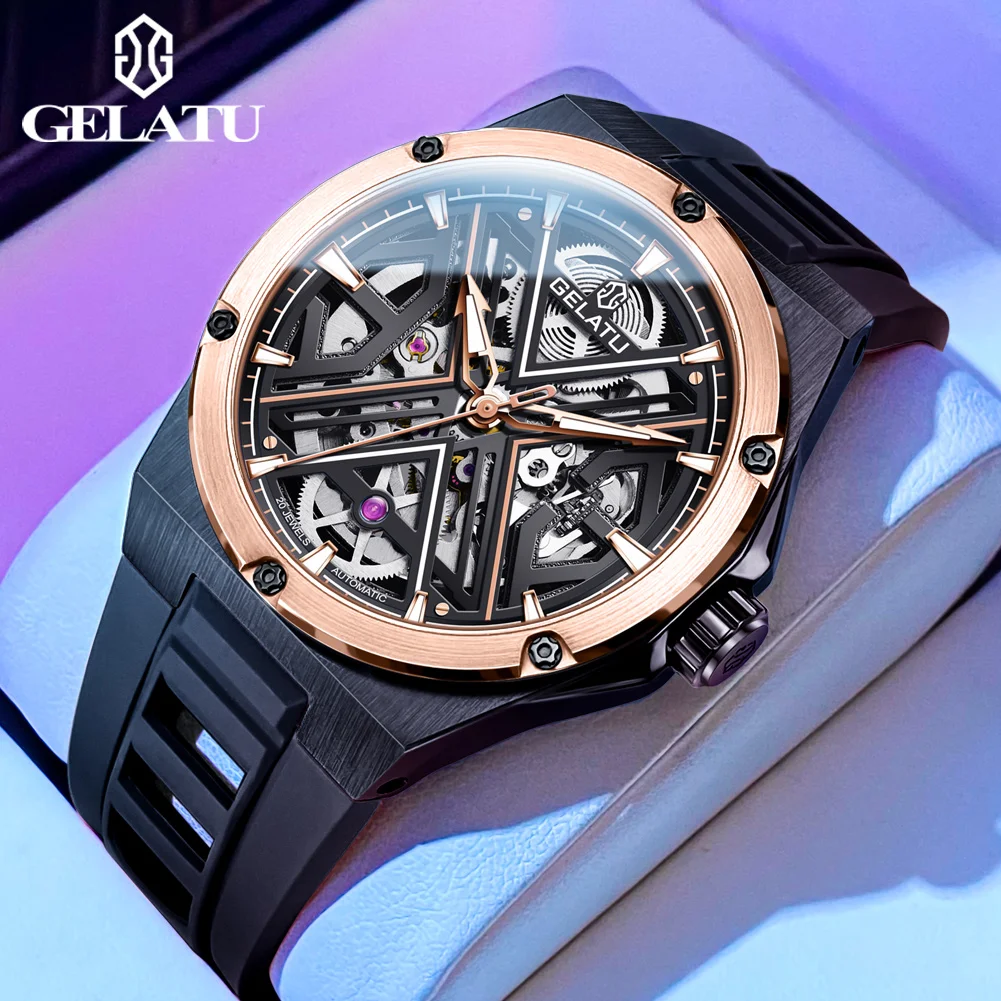 

GELATU 6006 Fashionable High-end Men's Automatic Mechanical Watch Silicone Strap Deep Waterproof Skeleton Watches