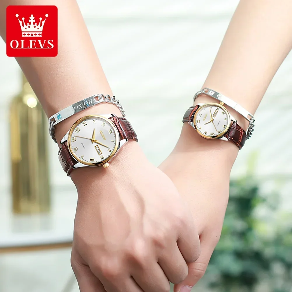 OLEVS Original reloj de cuarzo para parejas reloj de acero inoxidable de lujo para mujeres y hombres reloj de pulsera con calendario Dual luminoso resistente al agua