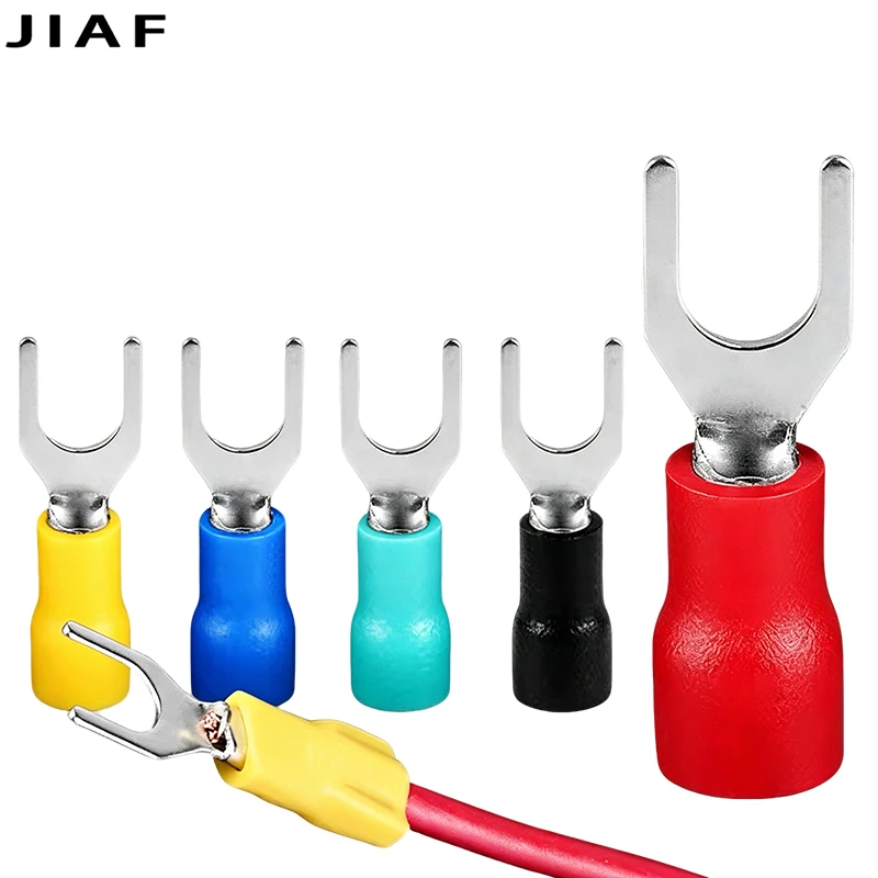 SV Insulated Spade Fork Crimp Terminals SV1.25/SV2/SV3.5/SV5.5 Copper Cable Lug Wire Connectors Electrical Pin Terminals 100PCS
