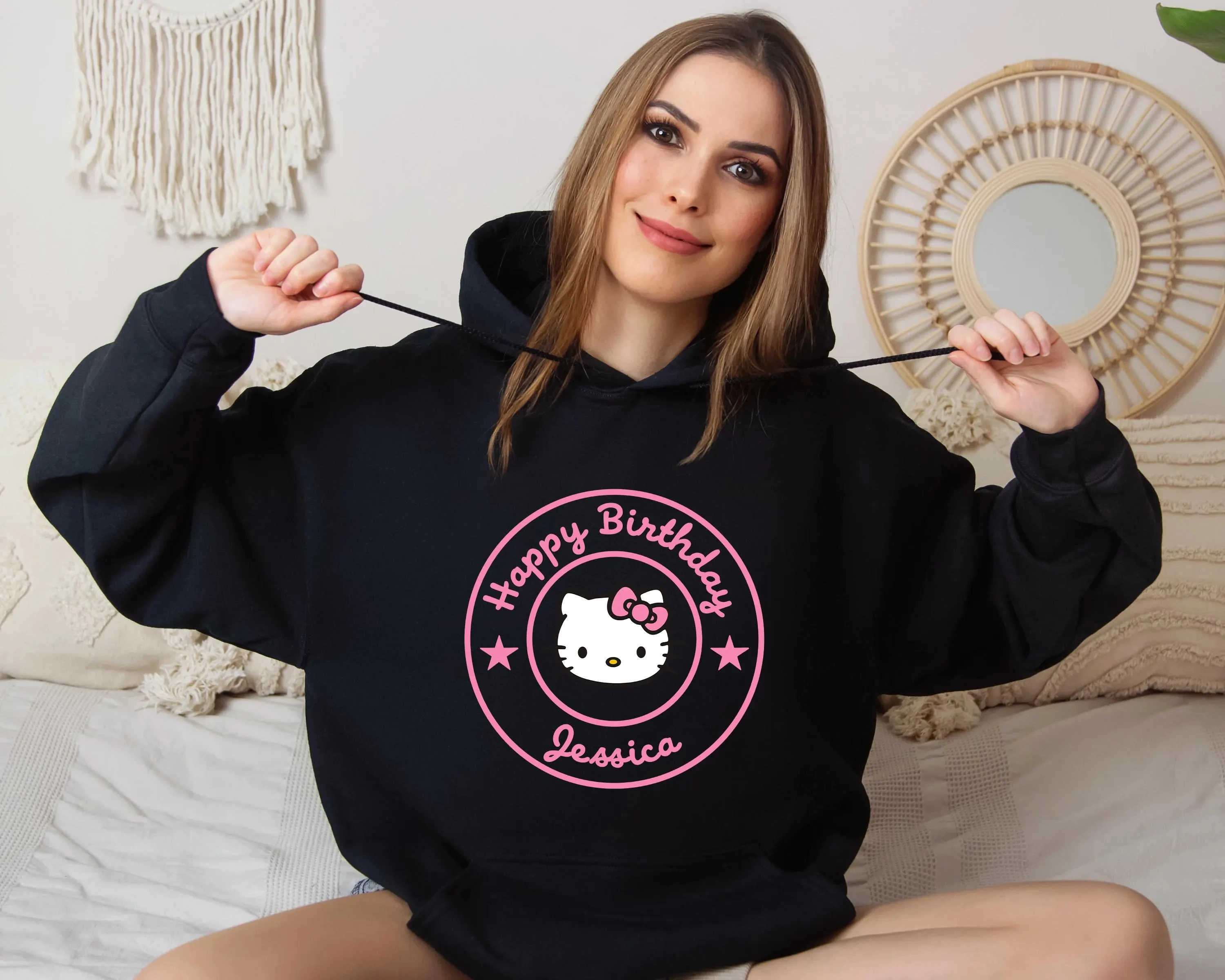 Women Hello Kitty Hoodie Custom Name Happy Birthday Personalized Kawaii Cartoon Hooded Sweatshirt Birthday Gift Tops