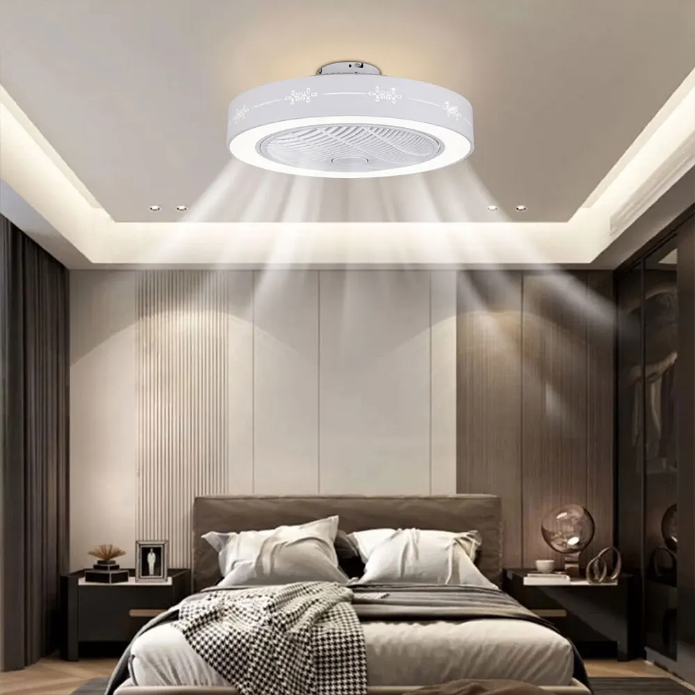 3-Color Dimmable Modern Ceiling Fan with Light LED Invisible Sealing Fan Lamp Remote Flush Mount Home Decor with Remote