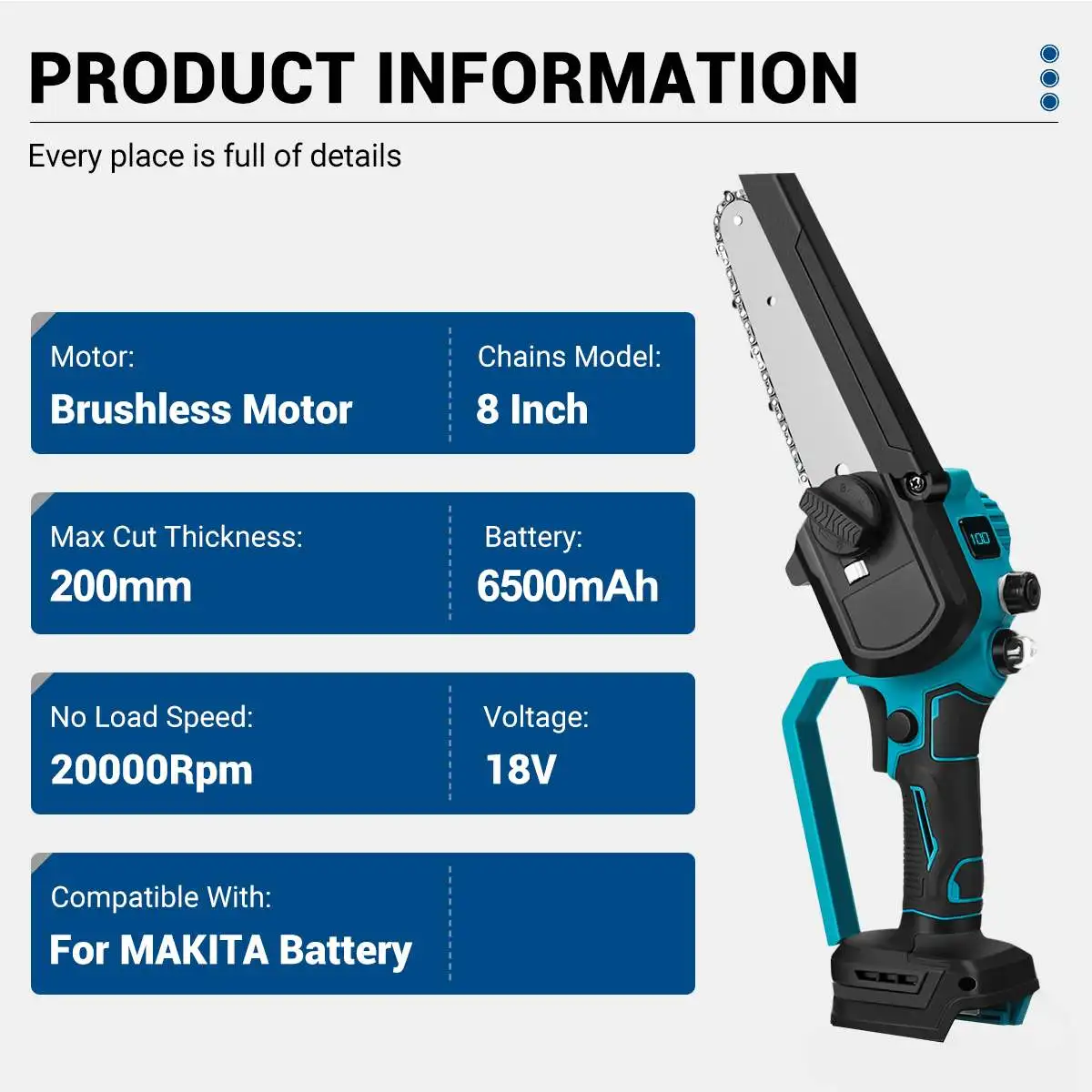 Imagem -02 - sem Escova Handheld Elétrica Chainsaw Portátil Árvore Ramos Purning Madeira Saw Display Digital Power Makita 18v Bateria 8