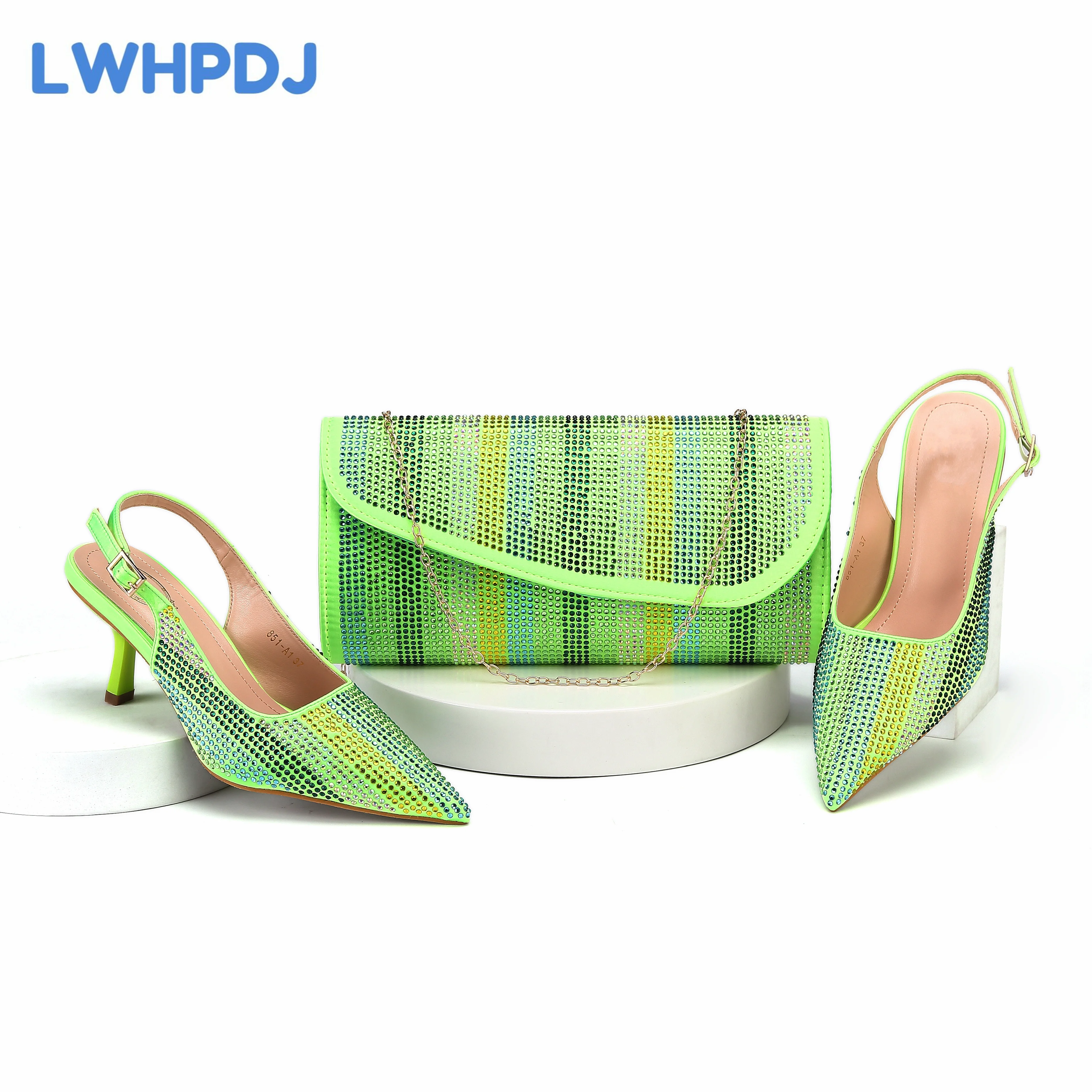 Zapatos de tacón alto con punta en pico para mujer, conjunto de bolso a juego con diseño de taladro de agua, Color verde limón, fiesta de boda, 2024