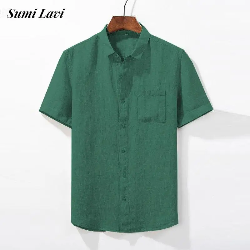 

Leisure Breathable Cotton Linen Mens Shirt Vintage Solid Color Turn-down Collar Buttoned Tops Summer Men Clothes Casual Shirts