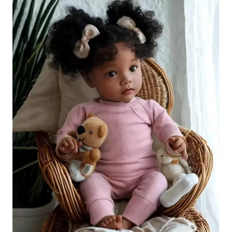 22 Inch African American Reborn Baby Doll Black Newborn Curly Hair Cloth Body Soft Vinyl Doll Toy with Outfit Kids Gift