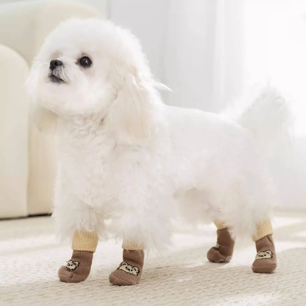 4pcs/set Cartoon Pattern Pet Anti-slip Socks Elastic Comfortable Puppy Warm Socks Soft Dog Paw Protectors for Puppy Cats