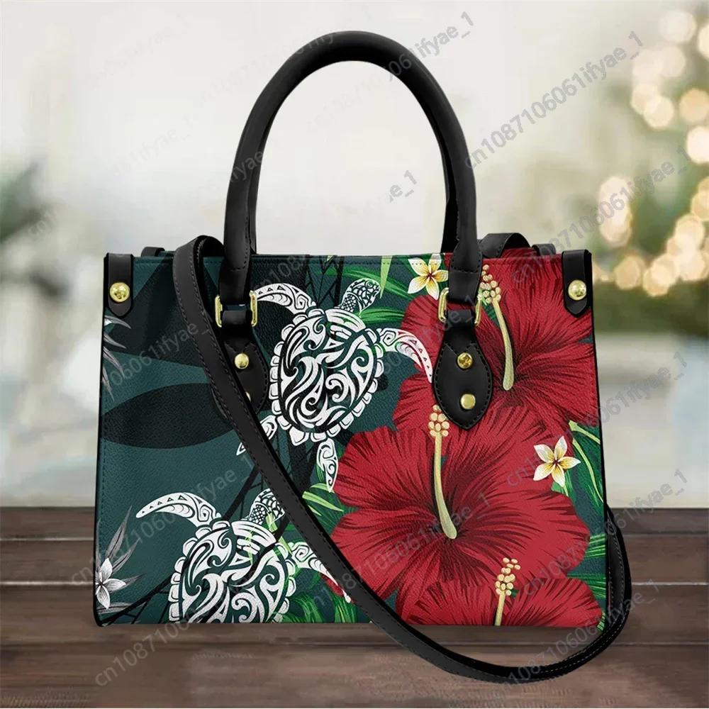 Polynesian Tribal Printed Crossbody Bag for Women Hawaiian Hibiscus Flower with Tattoo Sea Turtle Pattern Leather Handbag Female