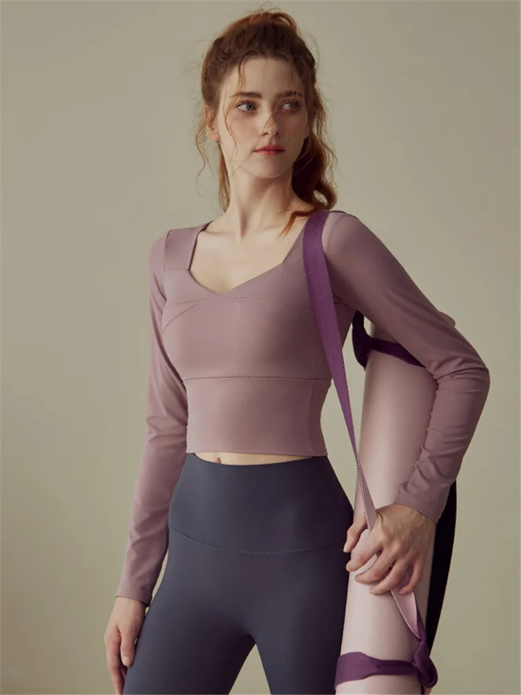 

Женская футболка с длинным рукавом для йоги и фитнеса, осенне-зимний облегающий шелковый топ с подкладкой на груди, спортивная одежда для пилатеса