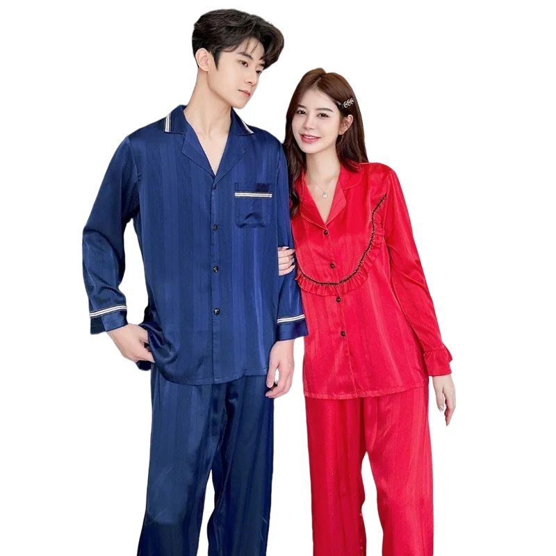 Wholesale women silk sleepwear lapel High quality couple pajamas Long sleeves solid color jacquard men satin plus size home set