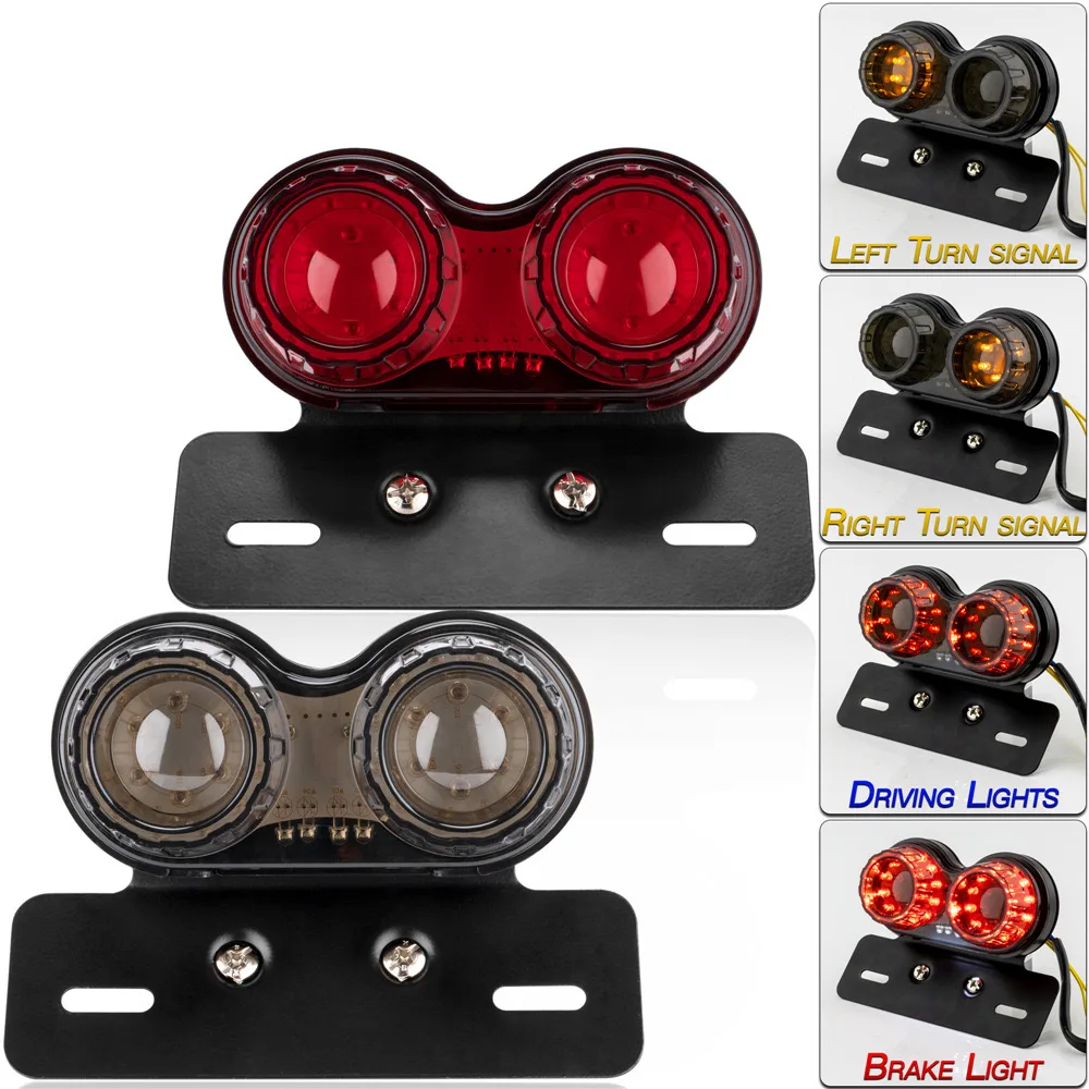 

Universal Retro Motorcycle Double Eyes Round 12V LED License Plate Tail Light Brake Turn Signal Lamp With Bracket