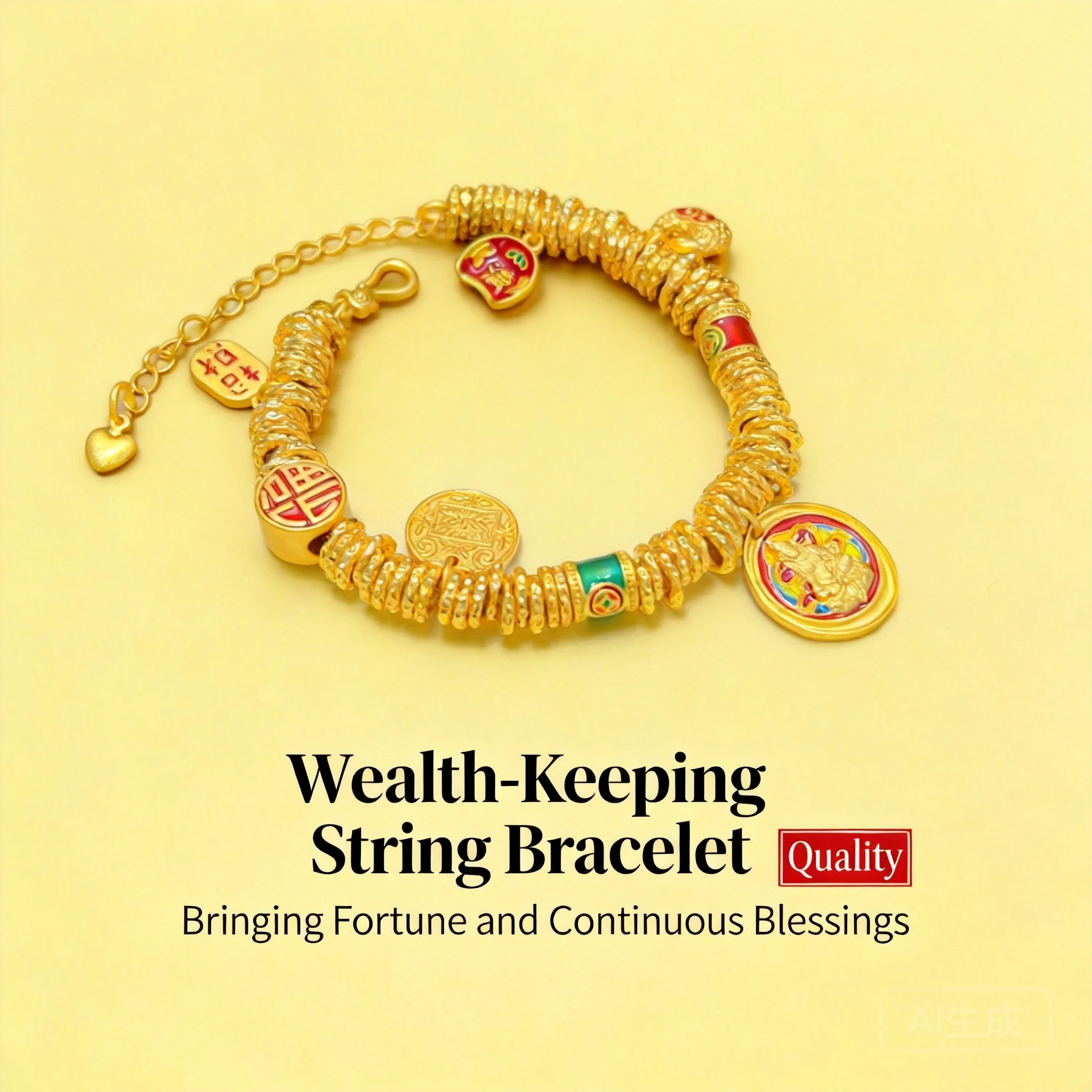 

Chinese Style Gold Plated Enamel Yellow God Of Wealth Coiled Bracelet Five Fortune Gods Lucky Blessing Wealth Attraction Adjusta