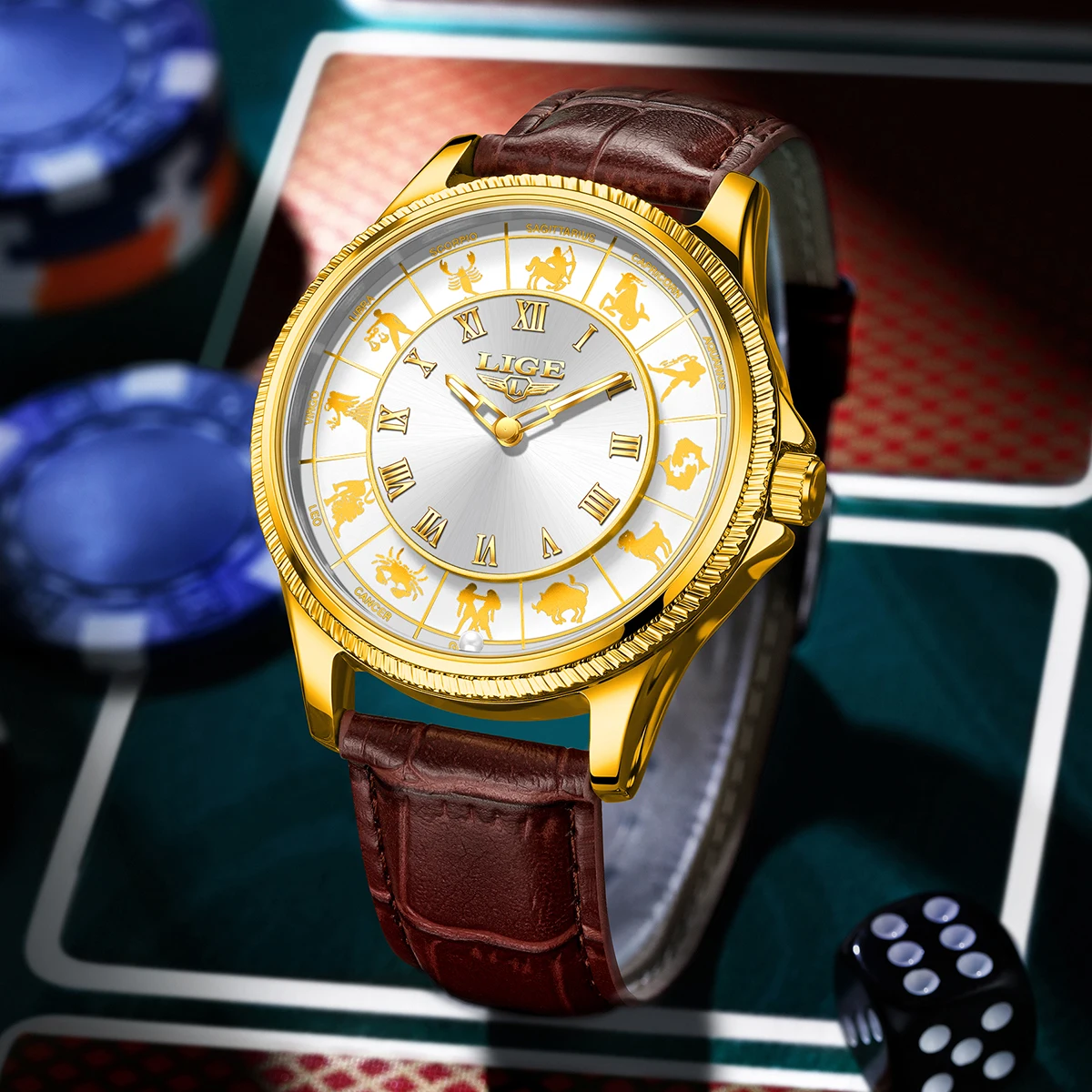 LIGE New Fashion Luxury Man Watches Creative Constellation Dial Design Leather Casual Life Waterproof Watches for Men Gift+Box