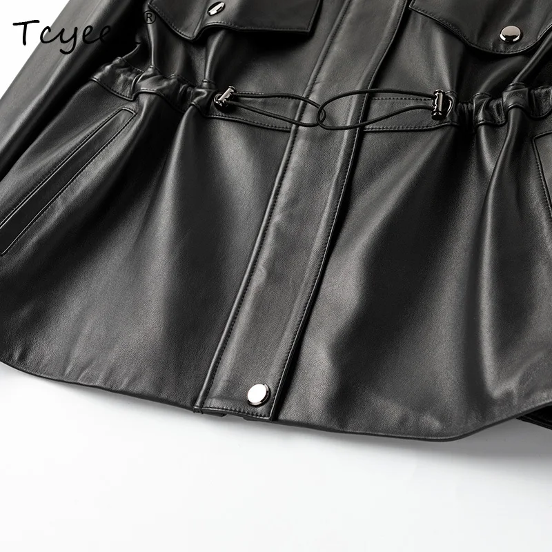 Tcyeek トップレイヤーシープスキン春秋スクエアネックブラックミディアム丈レディース本革ジャケット Женская Кожаная Куртка