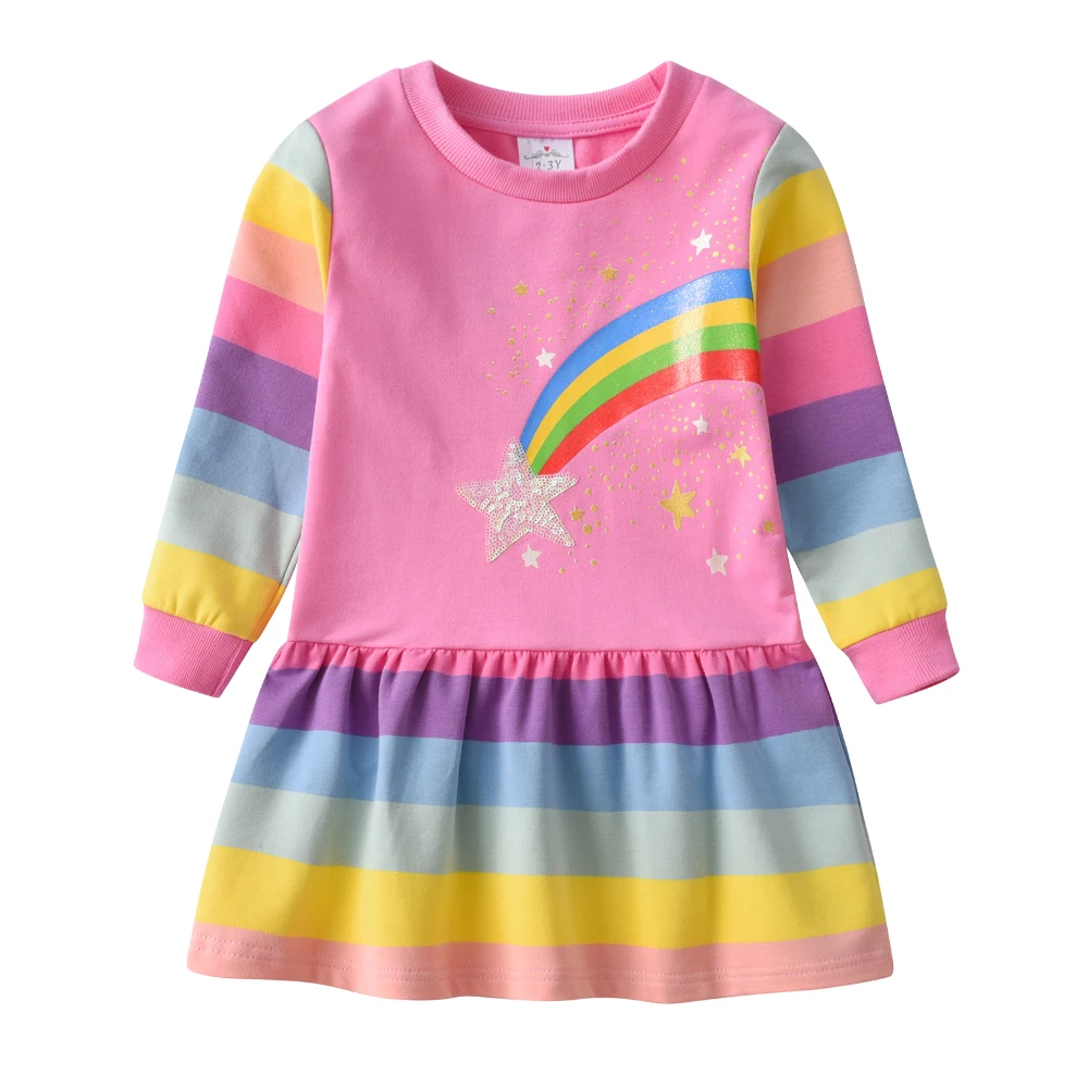 Dxton Winter Kinder Kleid Regenbogen Langarm Kinder Freizeit kleid Kleinkind Pullover Baumwolle Kleidung Star Print Mädchen Kleid 3-12y