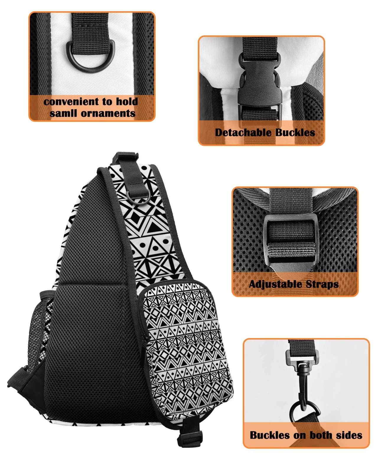 Bolsa de Peito Preto e Branco Tribal Africana para Homens e Mulheres, Esportes Casuais, Bolsa de Ombro, Viagem, Impermeável, Bolsa Mensageiro