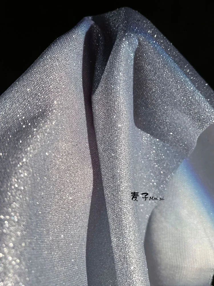 Light Blue Grey Super Glitter Silver Powder Fabric Knitted Drape Full Star Stage Wedding Dress Fabric Designer Fabrics