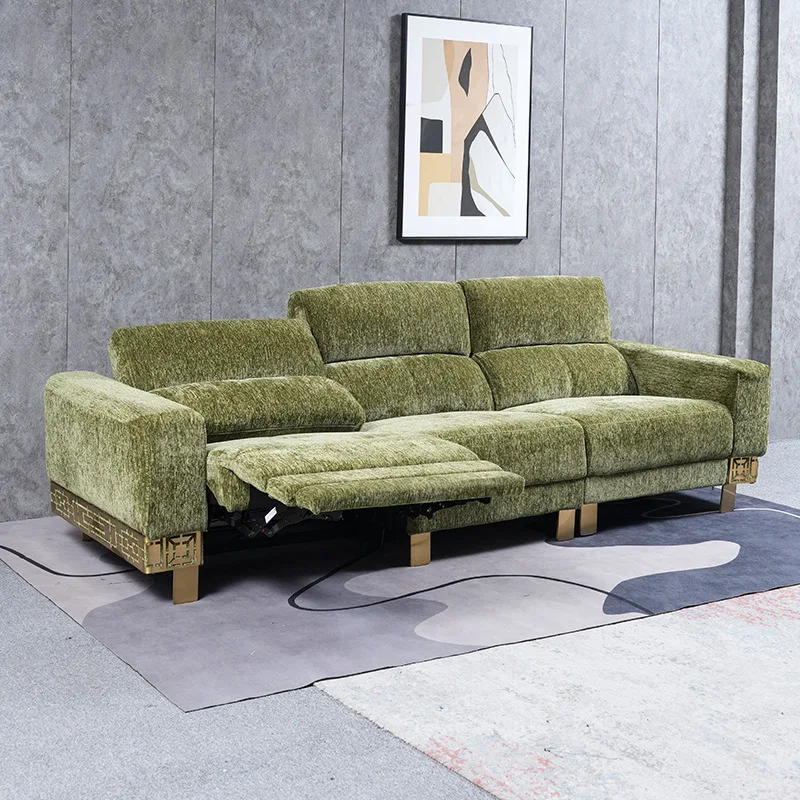 First-class fabric sofa, retro wind chenille electric function straight row three-person sofa