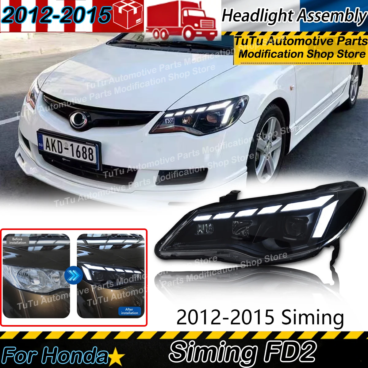 

Headlight Assembly for Honda Siming FD2 2012-2015 Modified for Audi Style Dynamic Flowing Daytime Running LED Lights Plug Play