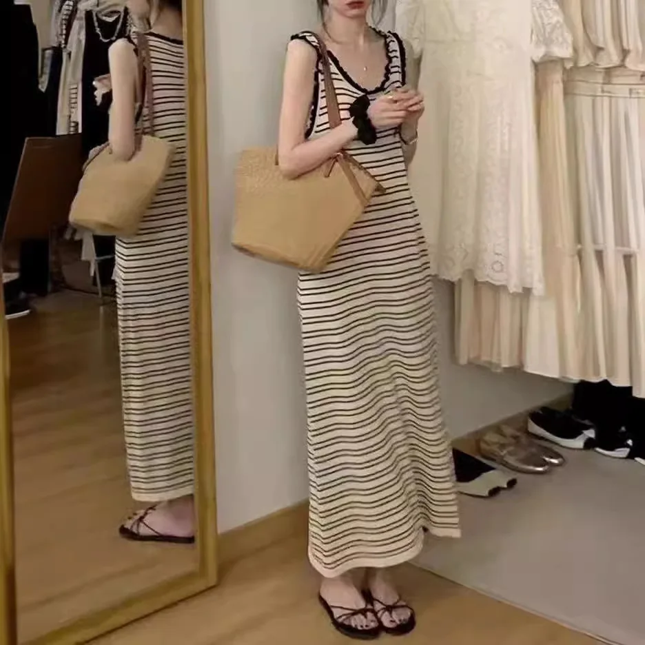 

Vintage Striped Vest Dress Women 2024 Summer Temperament Sleeveless Premium Sense Long Casual Comfortable Dresses