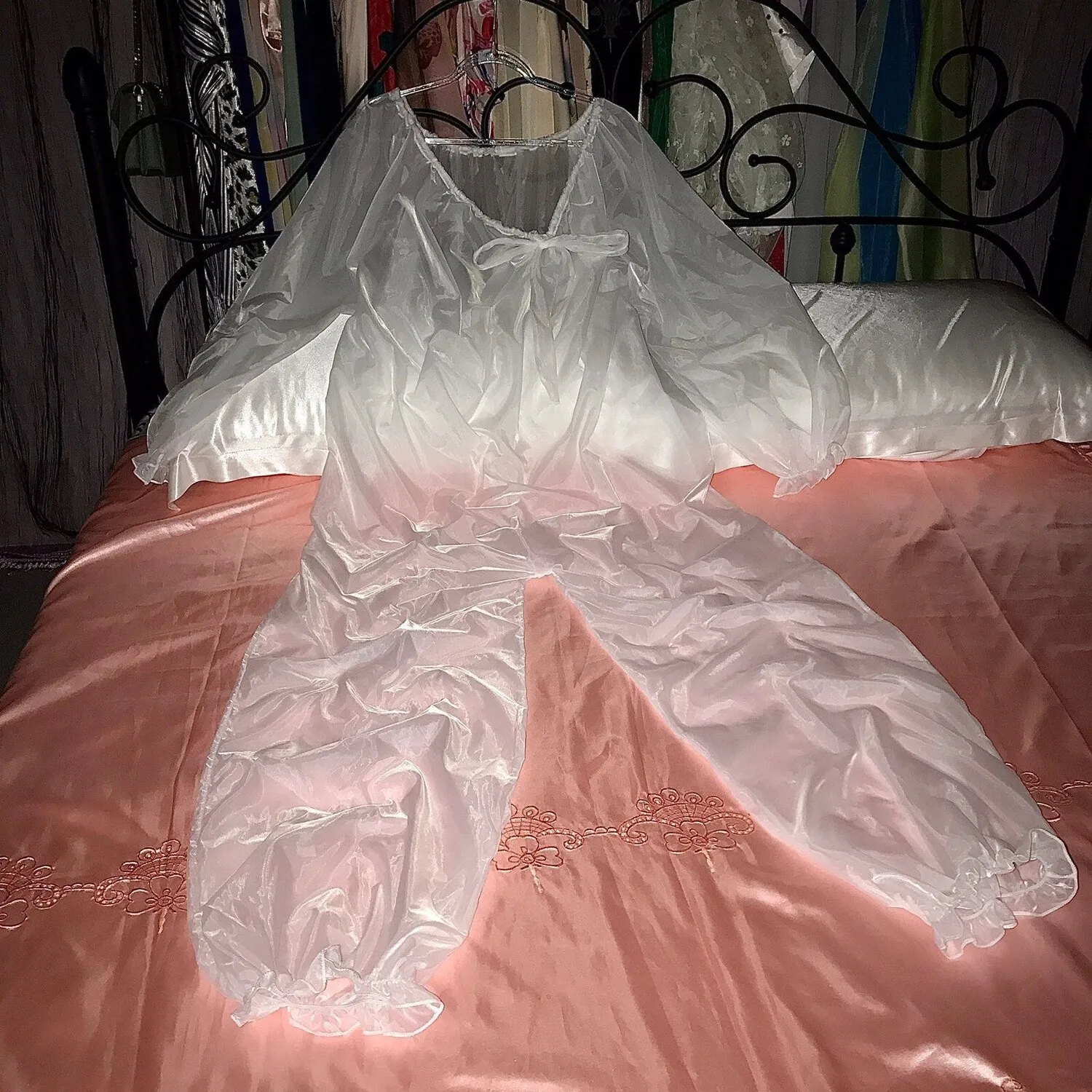 

Autumn Spring Plastic See Through Jumpsuit Sexy Women Long Sleeve Sleeping Loose Cuffed Pants Beachwear