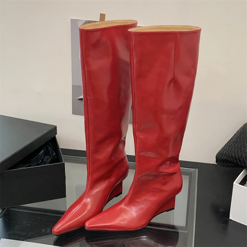 Aneikeh New Design Wedges Heels Women Knee-High Boots Ladies Shoes Autumn Winter Pointed Toe Modern Long Booties