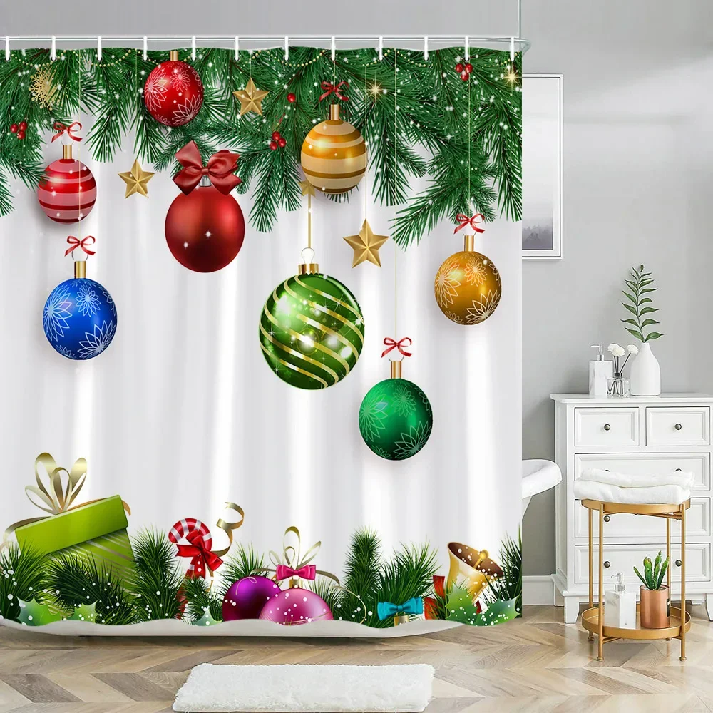 Christmas Balls Shower Curtain Colorful Xmas Balls Green Candy Canes Hanging on Pine Tree Branch for Christmas Ornament Branches