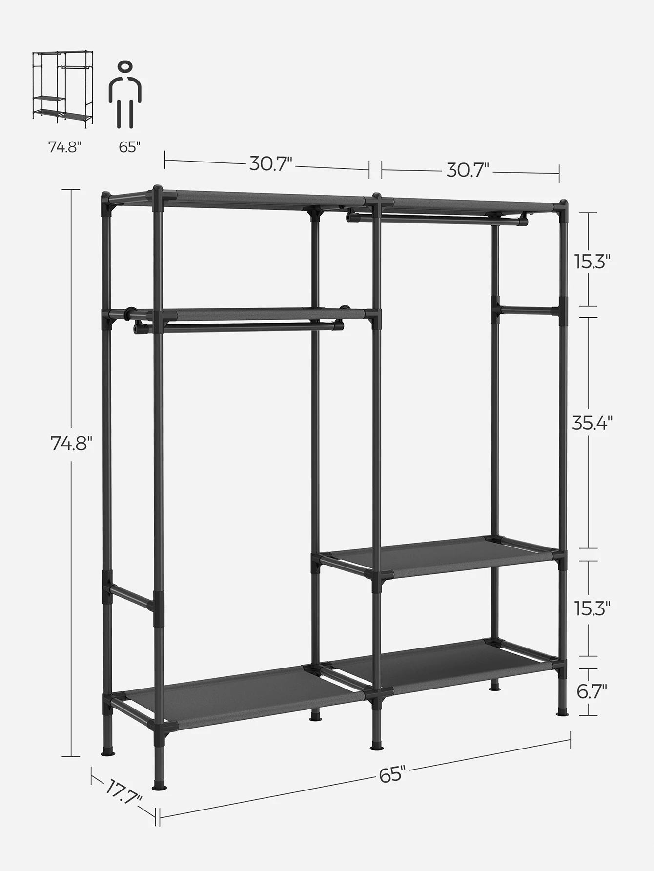 SONGMICS 74.8" H Garment Rack, Clothing Rack, Portable Closet Wardrobe With Hanging Rails And Shelves, Total Load 242 Lb, Eas image 5