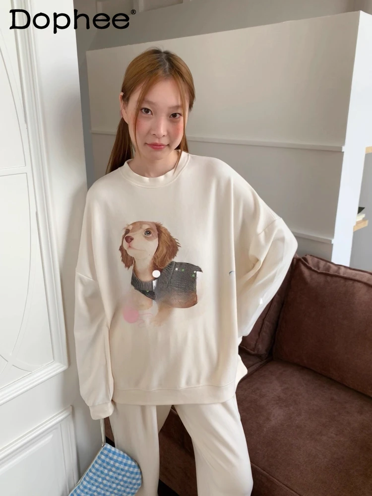 

Japanese Style Cartoon Cute Long Sleeve Comfortable Pajamas Casual Round Neck Skin-Friendly Homewear Set for Women