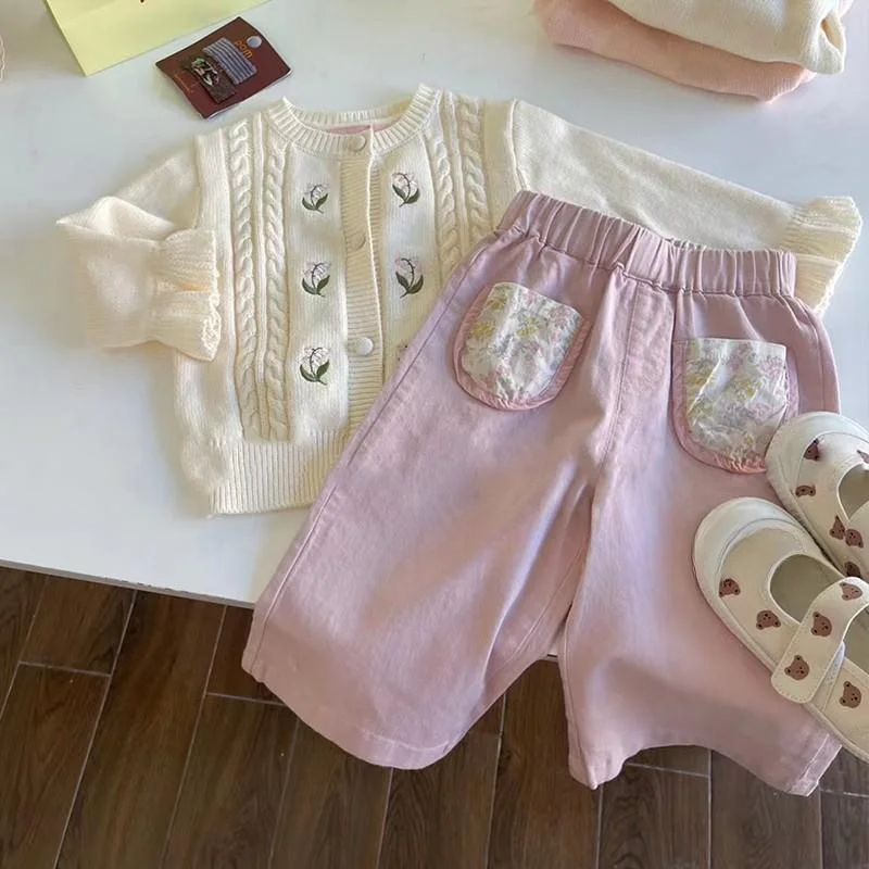 Girls Flower Pocket Pants Children\'s Clothing Pink Pants Spring Stylish Versatile Straight Leg Baby Kids Casual Trousers