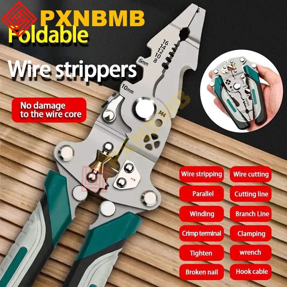 

Foldable Wire Stripper Crimper Cable Cutter Plier Electrician Cable Cutting Wiring Pulling Stripping Tool with Electric Test Pen