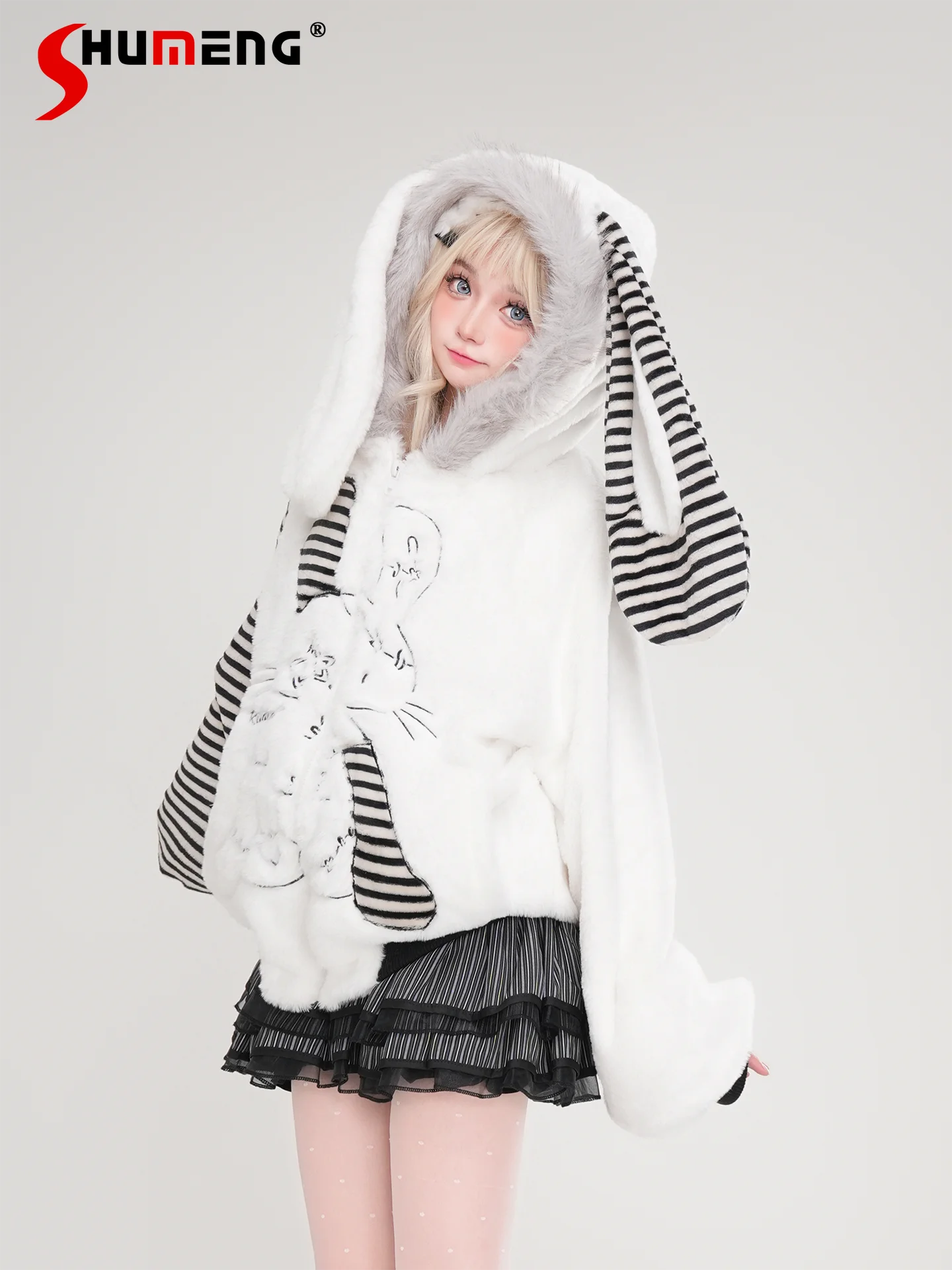 

Japanese Subculture Sweet Cool Hooded Plush Coats Rabbit Ear Hooded Cartoon Embroidery Striped Sleeve Loose Winter Jacket Women