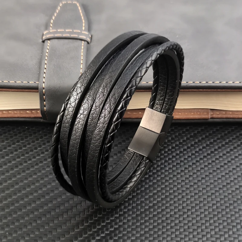 

Hot Sale Multi-layer Leather Bracelet Stainless Steel Metal Luxury Bangles For Men Charm Accessories For Friend Husband Gifts
