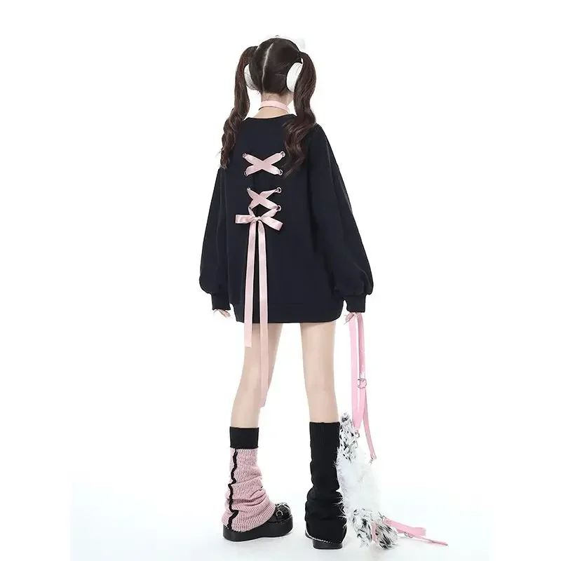 Sweet Sweatshirt Women Love Heart Print Bow Tie Round Neck Sweater Female Spring Autumn Fashion Loose Long Sleeve Y2k Top