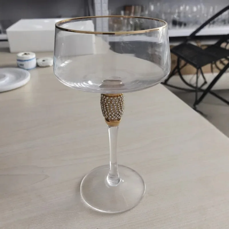 Elegant Crystal Champagne Flute Rhinestone Gold Rim, Long Stem Wine Goblet, Cocktail Glass Wedding Home Bar Decoration Gift Set