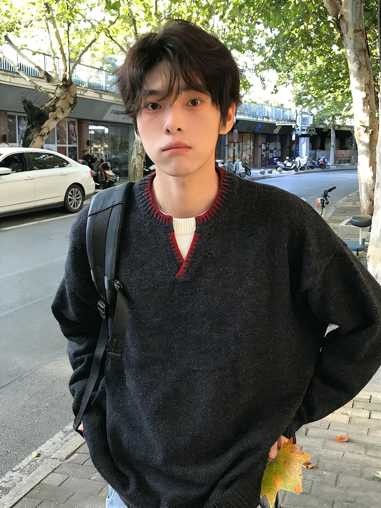 Bla V-Ne Knitted Sweater Men's Winter Base Layer Patchwork Color Blo Lazy High-End Feeling Long Sve Crew Ne Top