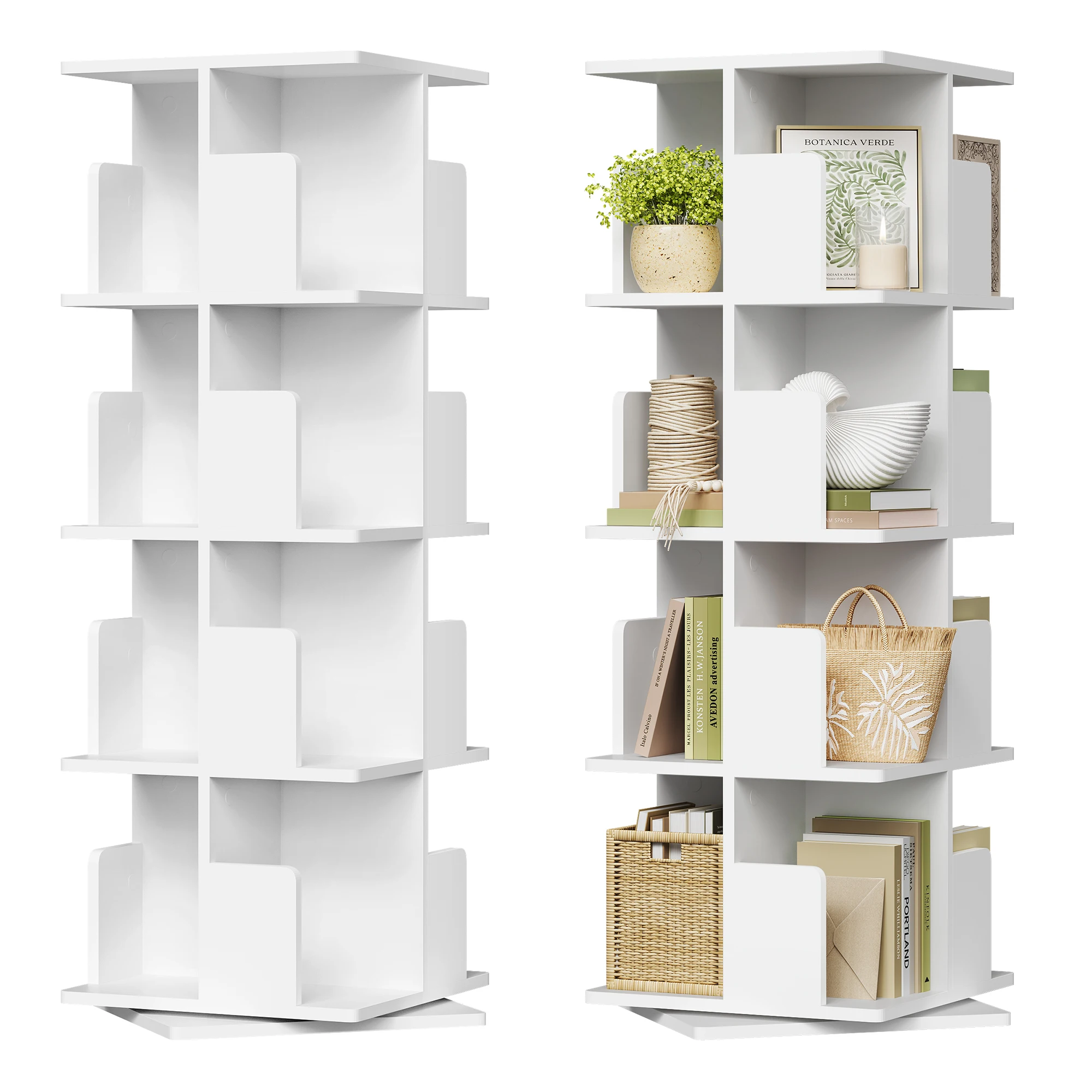 Estantería Giratoria de 4 Niveles, Separador de Ambientes para Sala de Estar, Dormitorio u Oficina, Estantería Decorativa Ahorradora de Espacio para Libros y CD