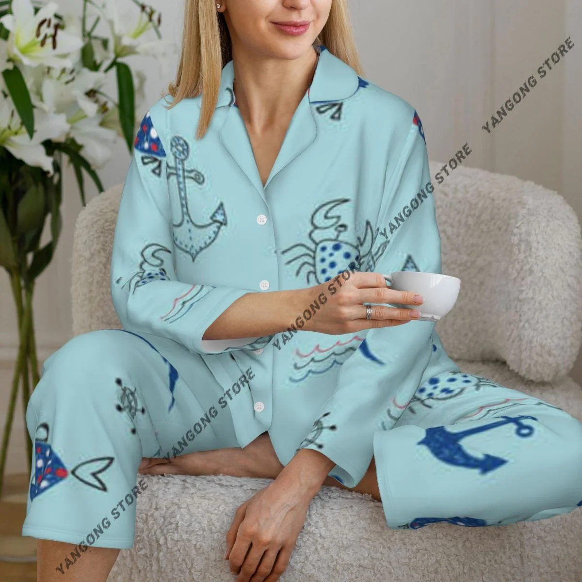 

Cute Marine Life Fish Crab Starfish Anchor Womens Pajamas Loungwear Two-piece Sleepwear Button-Down Full Sleeve Long Pajamas Set