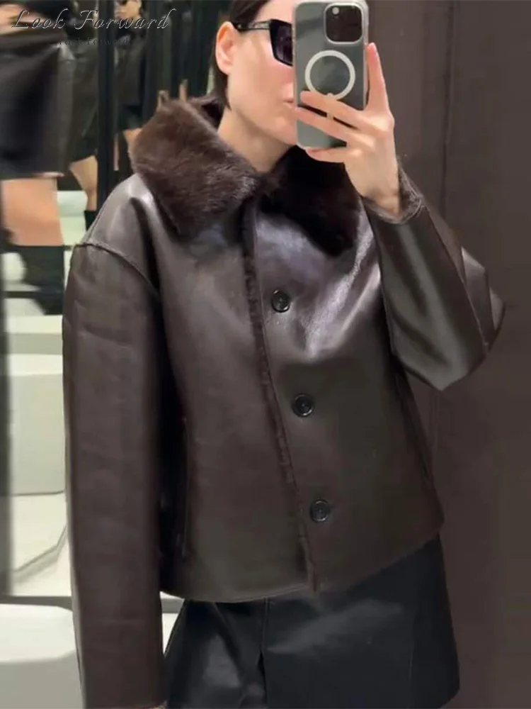 

Casual Double-side Leather Jackets Women's Lapel Single-breasted Coats With Pockets 2025 New Autumn Winter Ladies Solid Outwear