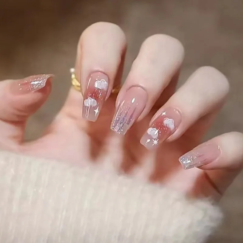 

24pcs Ballet Nails Set Press on Aurora Cloud Design Fake Nails Blush Square Coffin Stick on False Nail Finished Acrylic Manicure