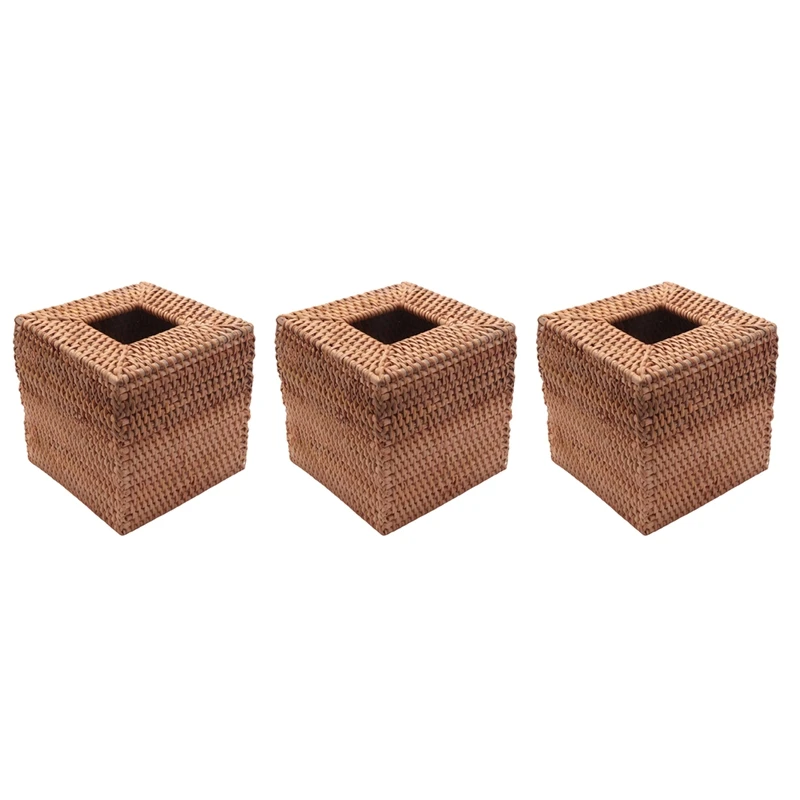 3X Square Rattan Tissue Box Cover, Hand Woven Wicker Tissue Holder, 5.7 X 5.7 X 5.7 Inches, Wood Color