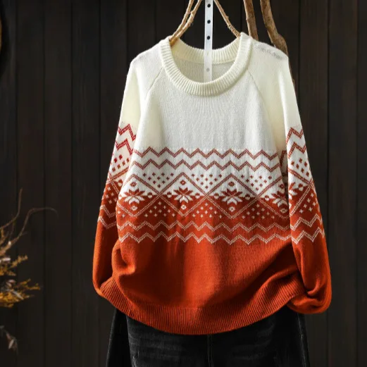 Women Autumn Winter Japan Style Color Blocking Sweater Pullovers O-Neck Long Sleeve Casual Loose Knitted Pullovers Tops