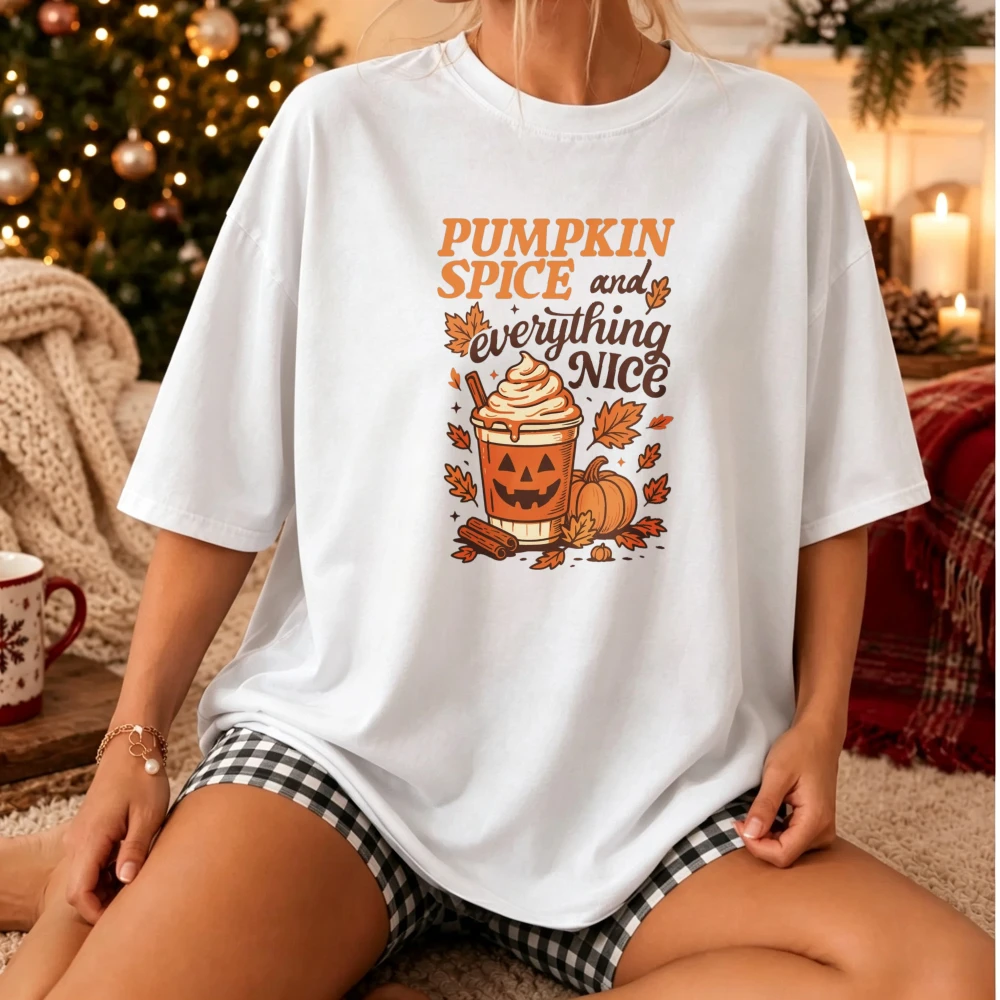 Pumpkin Spice and Everything Nice Graphic T‑Shirt Retro Pumpkin Latte Maple Leaf Cinnamon Fall Season Print Tees Casual Tops
