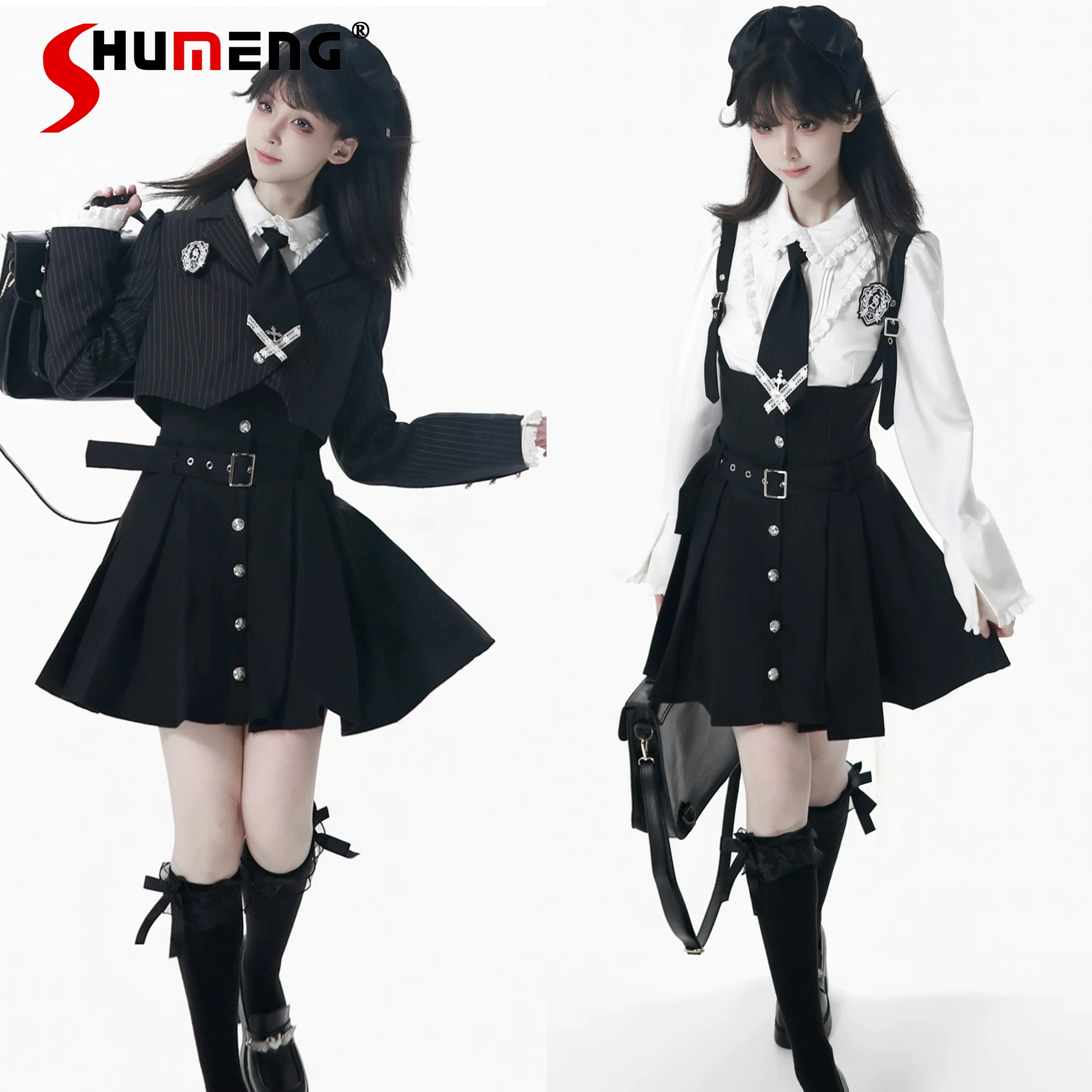 

Harajuku Design College Style Student Sweet Cool Skirt Set Autumn New Girls' Y2k Short Blazer Strap Skirt Long Sleeve Shirt Set