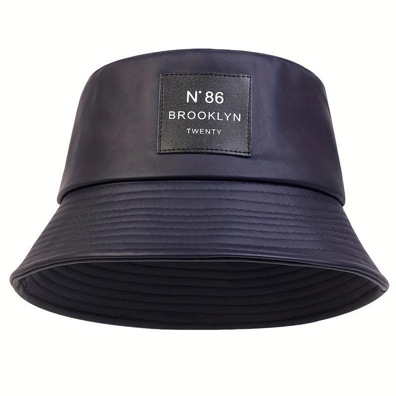 Unisex N86 Label Personality Pu Leather Bucket Hats Fishermen Caps Outdoor Casual Cap Sunscreen Hat