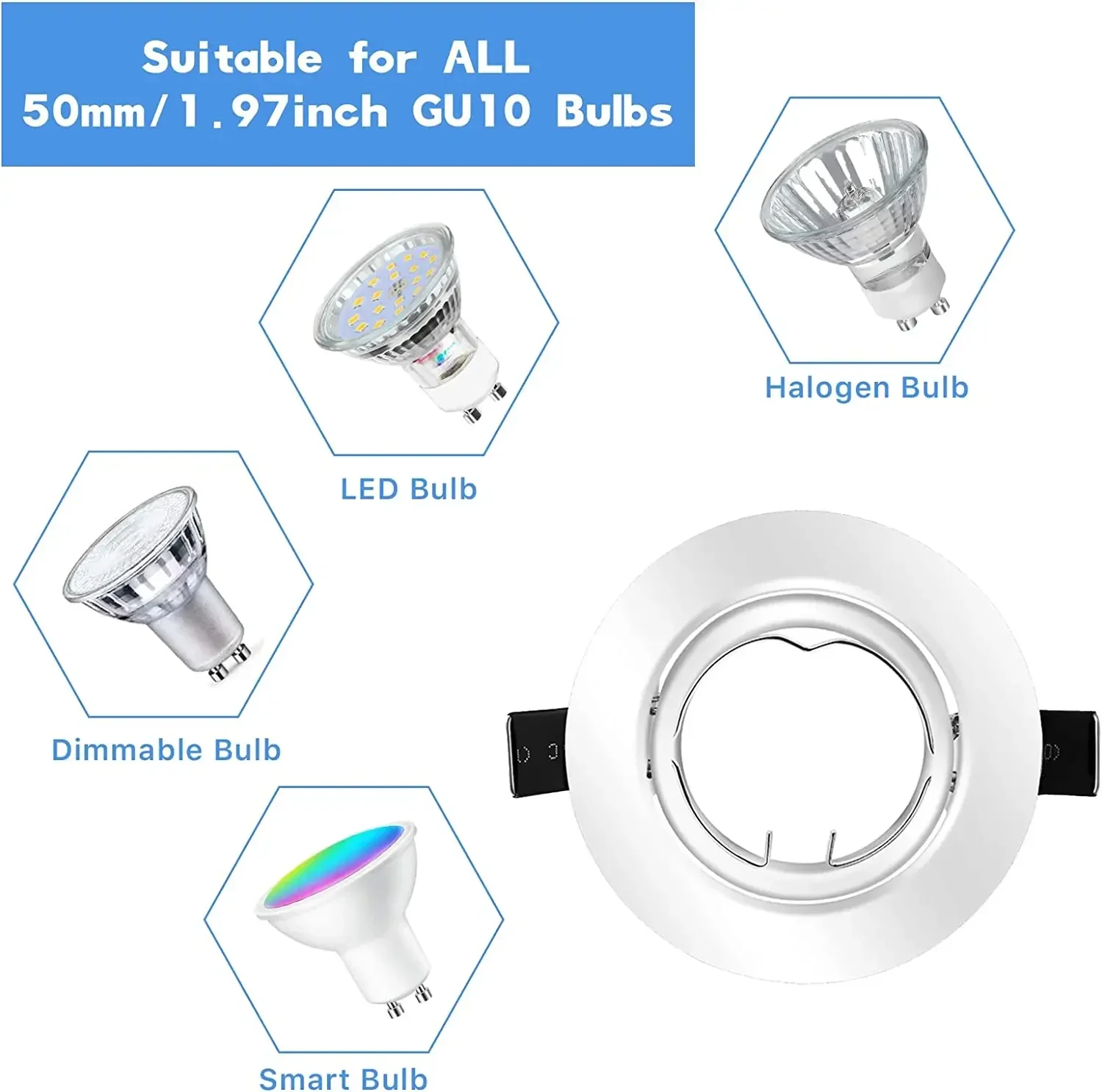 ที่ยึดเฟรมดาวน์ไลท์ LED แบบปรับได้, ขนาด62มม. ติดตั้งโคมไฟติดเพดาน GU10จุดปิดภาคเรียนหลอดไฟ MR16สามารถเปลี่ยนได้