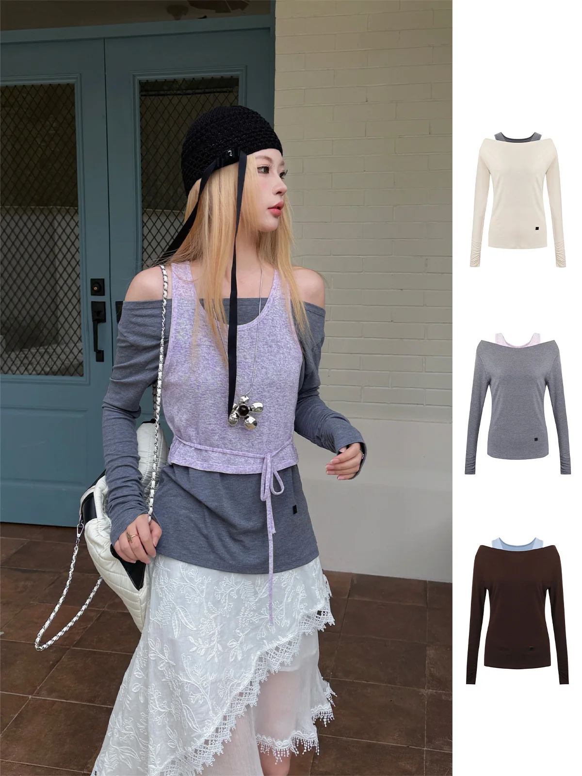 

Brand Early Autumn Color Blo Vest One oulder Two Piece Set Women's T-irt Creative Pattern Polyester Elastic Fiber